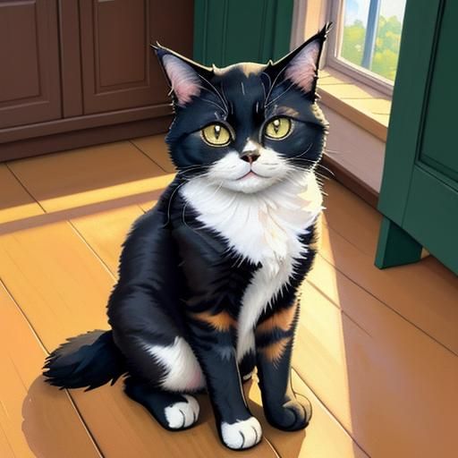 Patient Cat in Gouache Style, Bird's Eye View