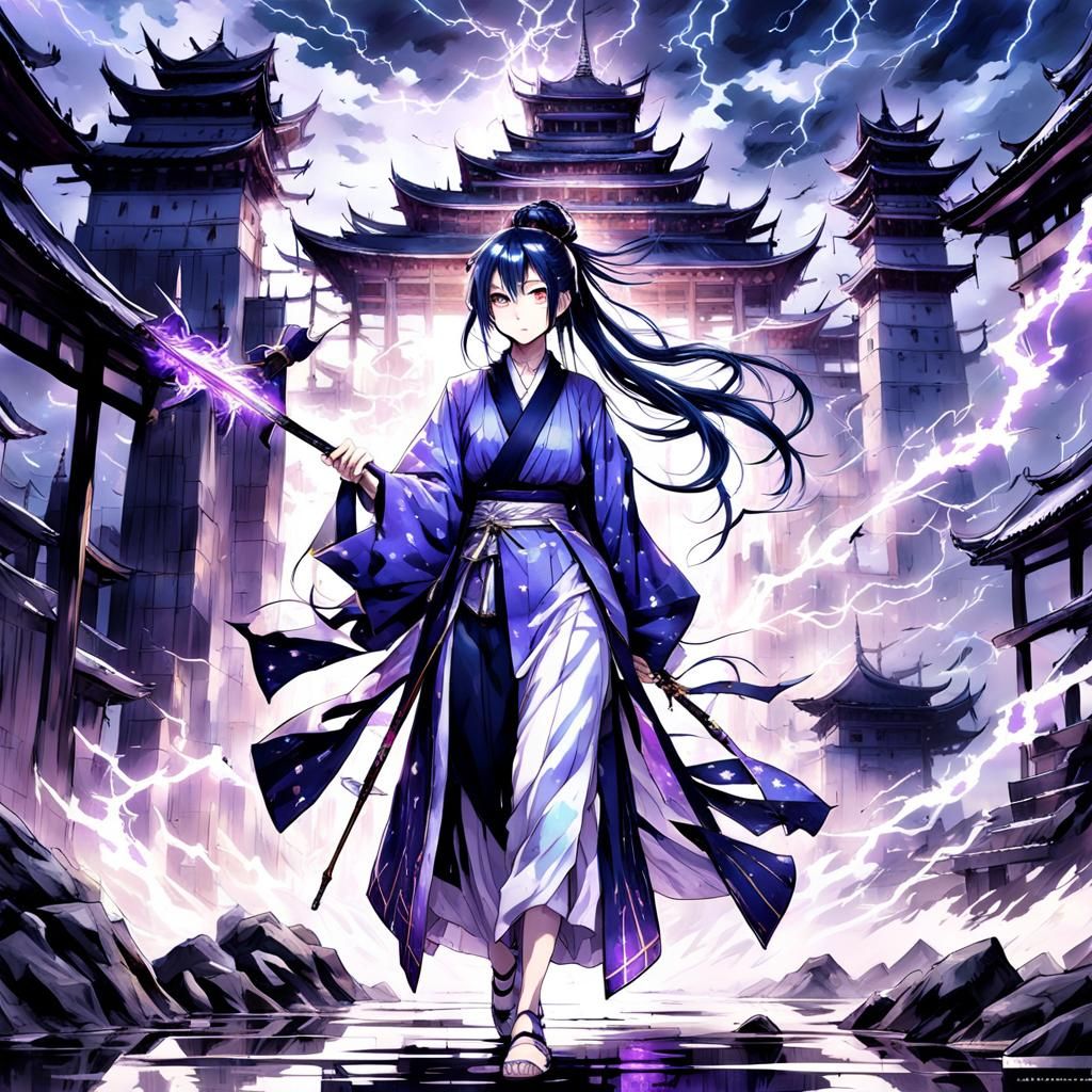 Anime Woman with Spear in Stormy Castle Scene