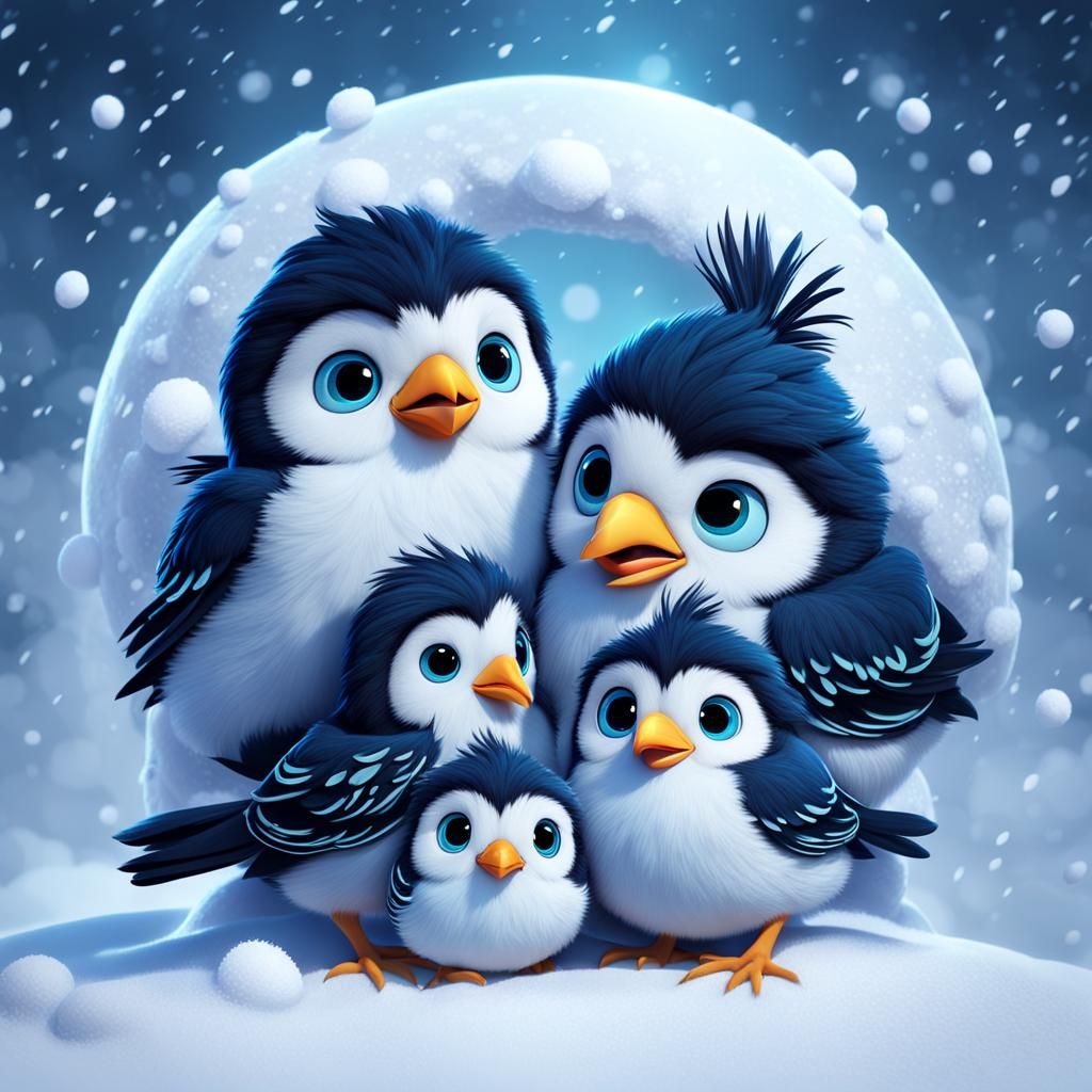 Fluffy Birds Cuddle in Winter Snow, 3D Digital Art