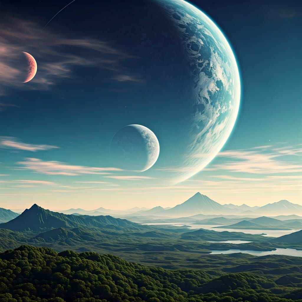 Exoplanet with Three Moons: Ethereal Sci-Fi Landscape