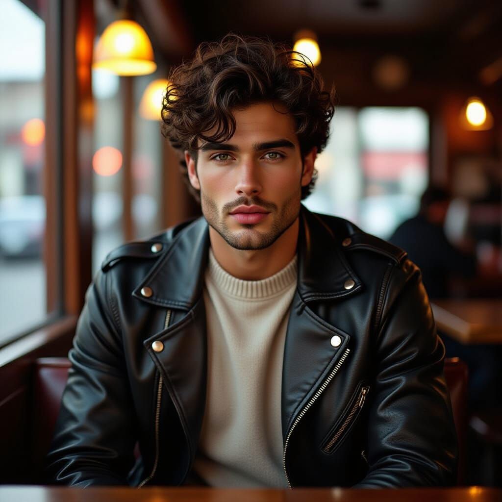 Grunge Fashion Portrait: Handsome Man in Cafe