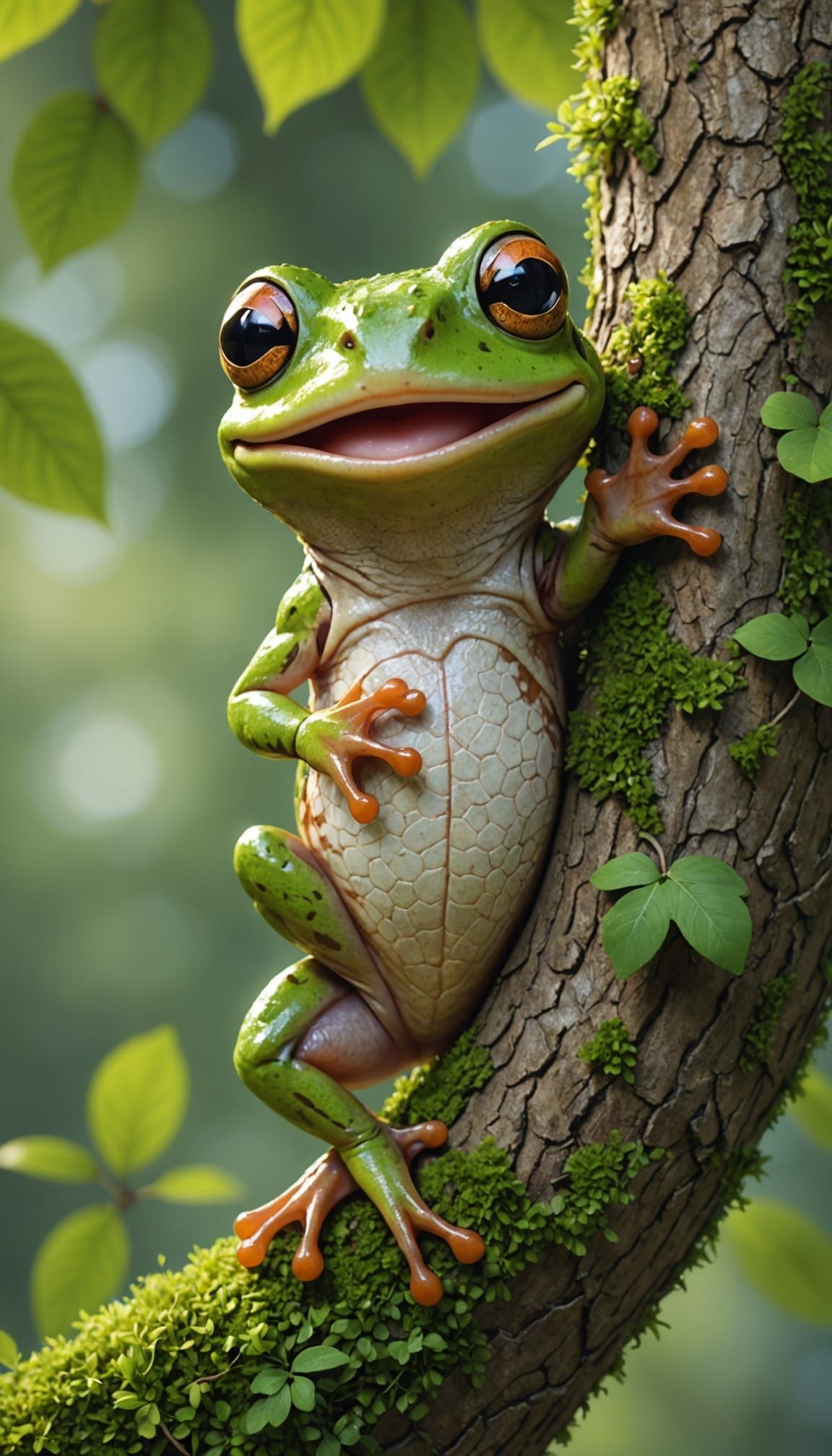 Cute Brown Frog Smiling on Green Tree in 3D Anime Style