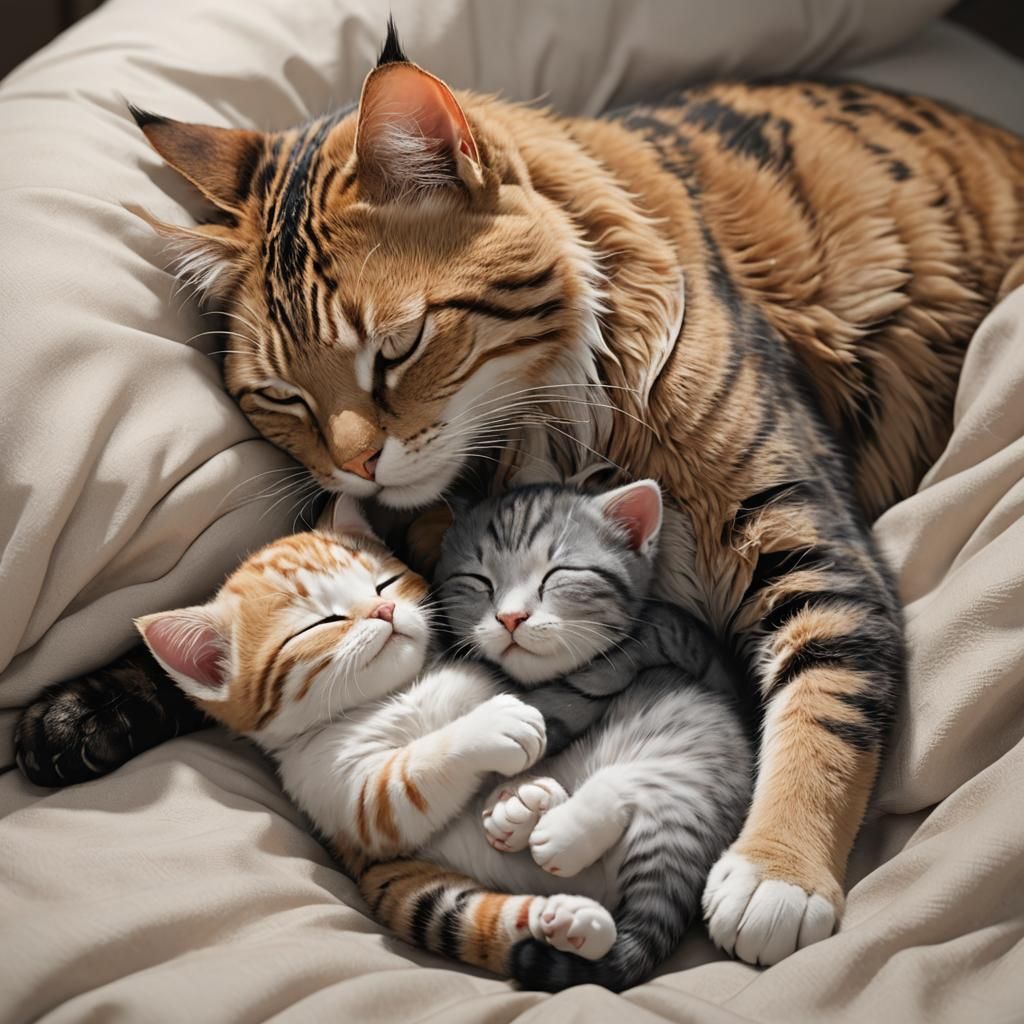 Sleeping Mother Cat and Kitten: 3D Anime Art