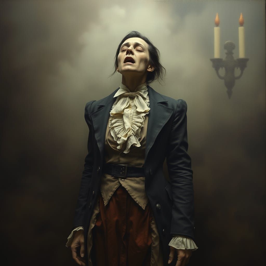 Figure Expressing Anguish in Haunting Landscape