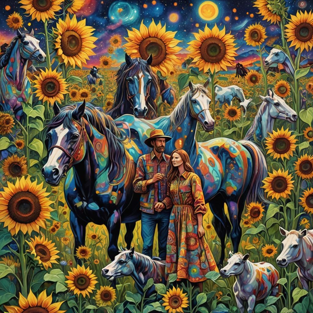 Psychedelic Sunflower Field with Animals, Mixed Media Illust...