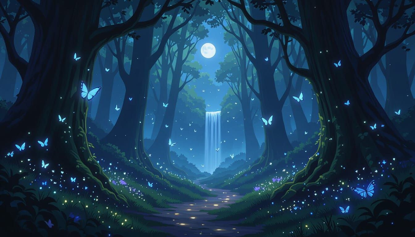 Magical Bioluminescent Forest Path with Waterfall and Butter...