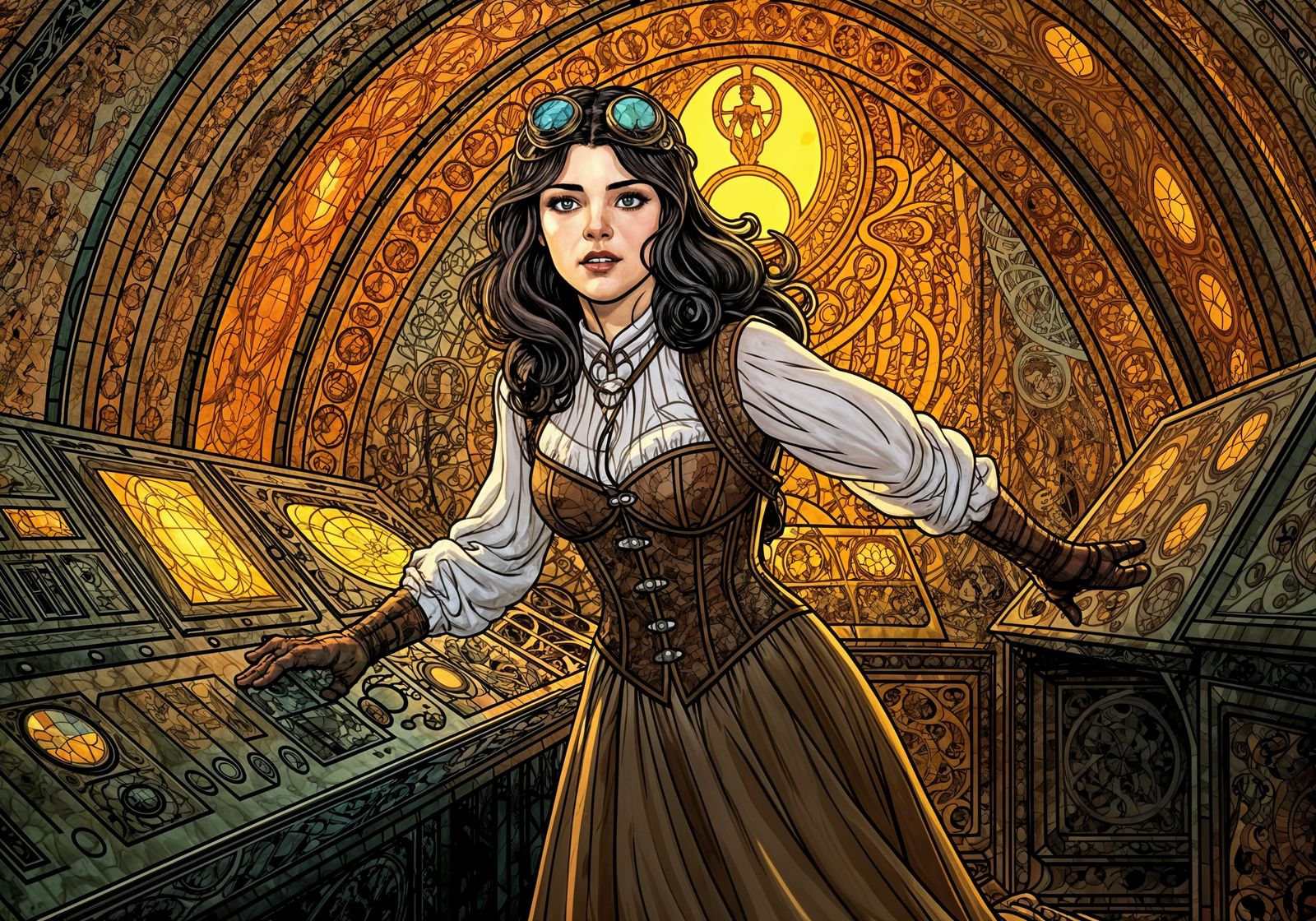 Elegant Cyborg Adventurer in Mystical Space Vessel