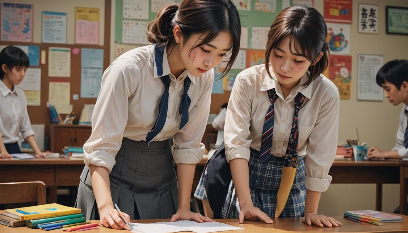 pretty japanese teacher in short skirt and open blouse bends...