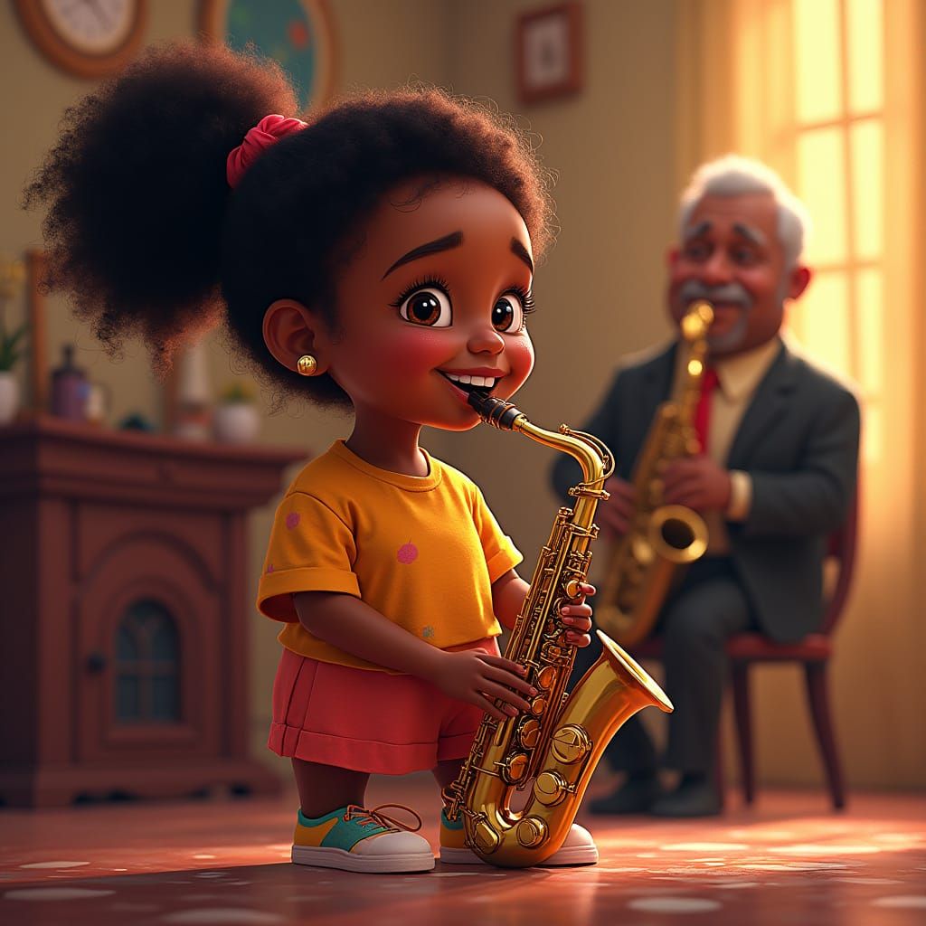 Joyful Black Teen Plays Saxophone with Grandfather on Nation...