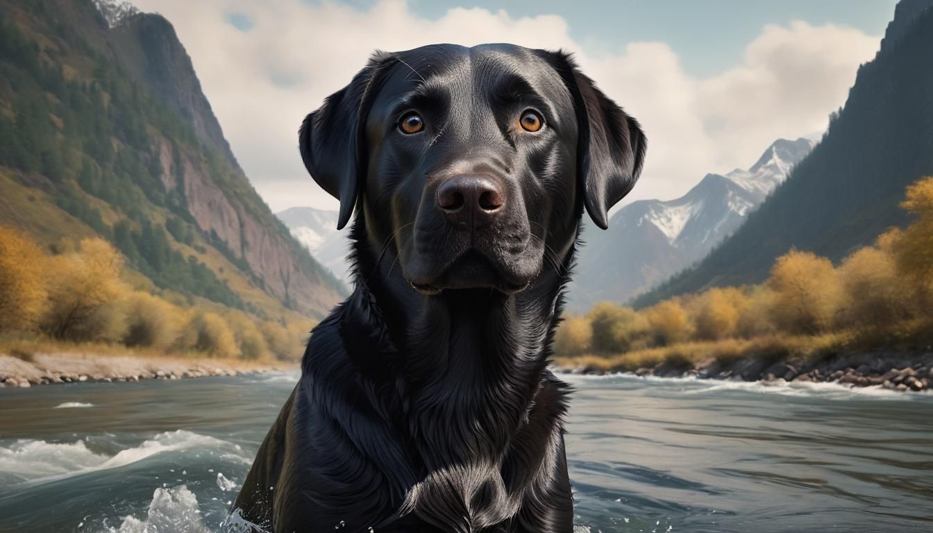 Hyperrealistic Black Lab in Mountain Wilderness