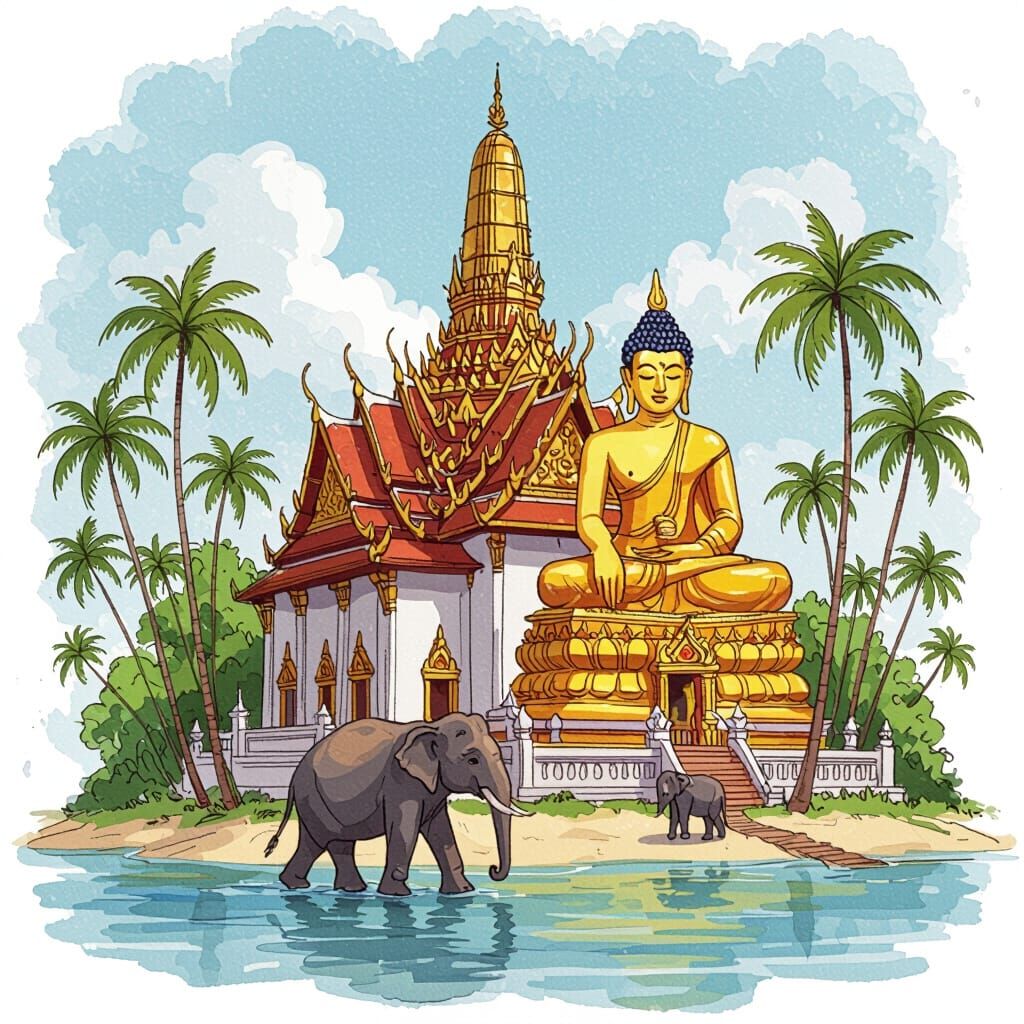 Whimsical Hand-Drawn Temple Scene with Elephant and Island
