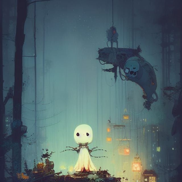 Adorable Chibi Ghost Character in Pop Art Style