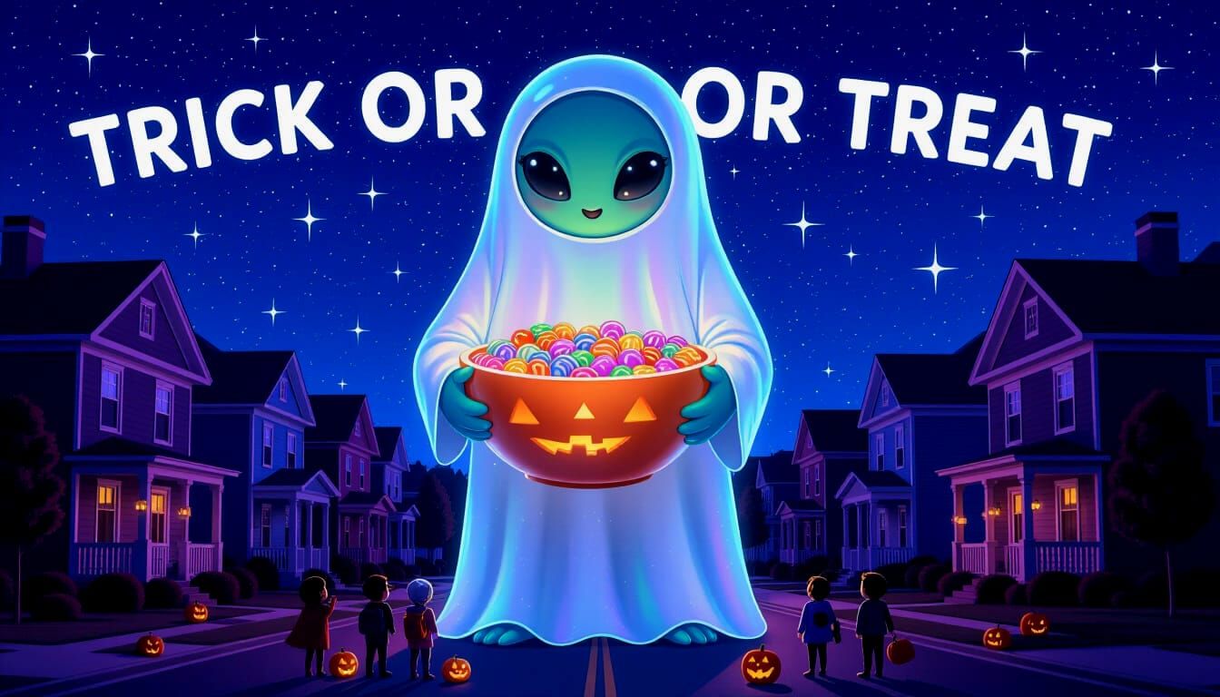 Giant Cute Alien Offers Candy on Halloween Night