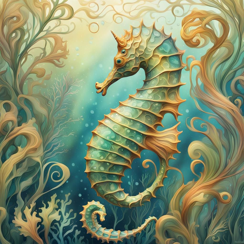 Art Nouveau Seahorse in Dreamy Underwater Scene