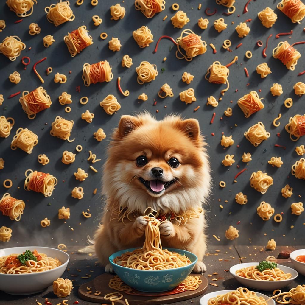 Pomeranian Noodle Feast: Detailed Fantasy Art