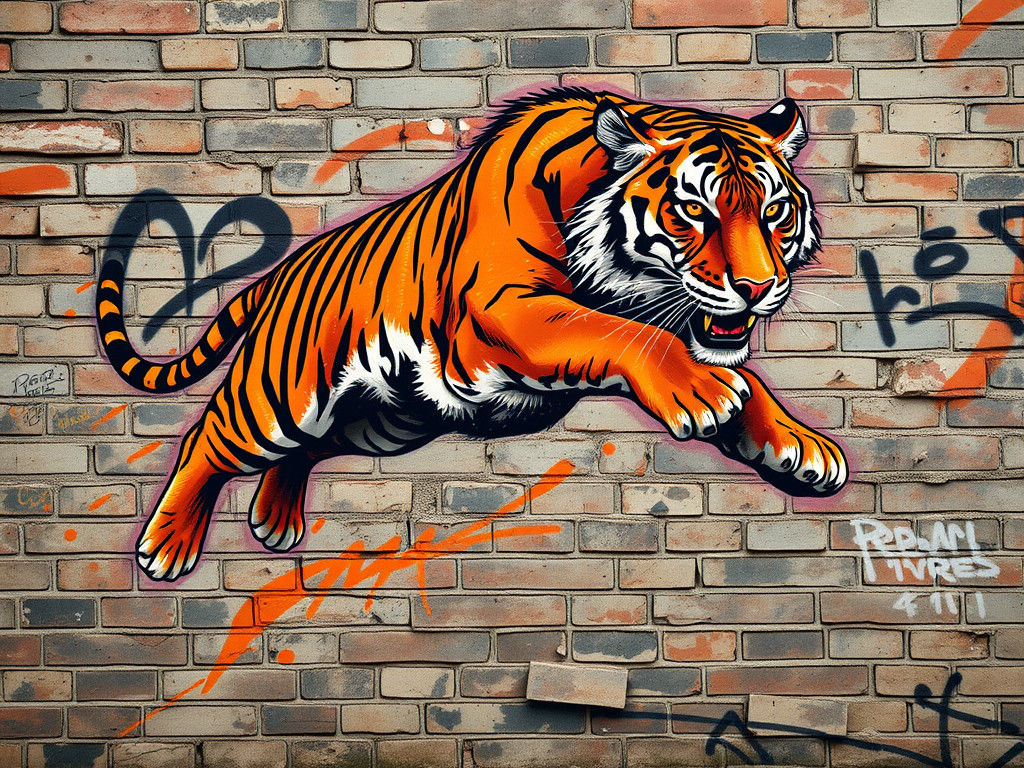 Dynamic Tiger Mural on Urban Brick Wall
