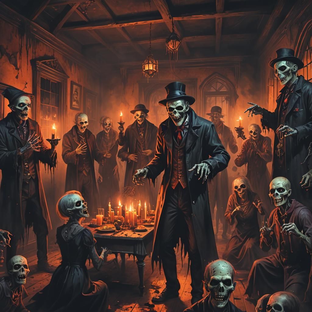 Zombies Have Halloween Party in Haunted House