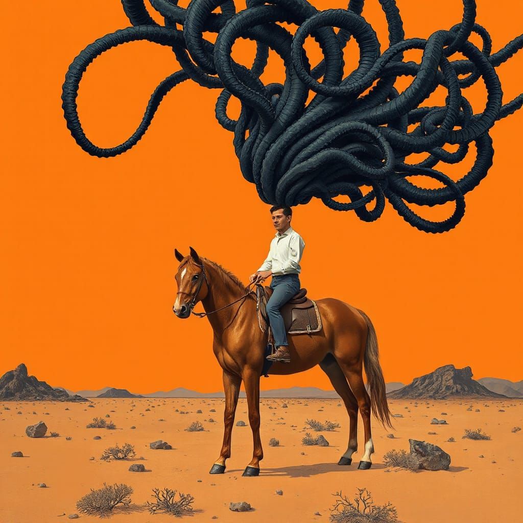 Surreal Man on Horse with Tentacle Hair