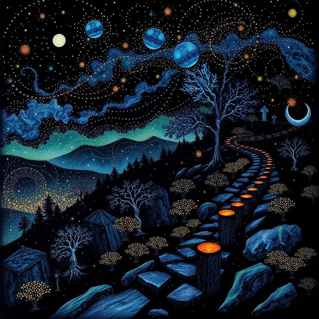 Blue Ridge Parkway: Whimsical Bioluminescent Pointillism
