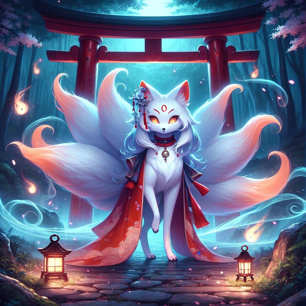 Mystical Kitsune Under Torii Gate in Enchanted Forest