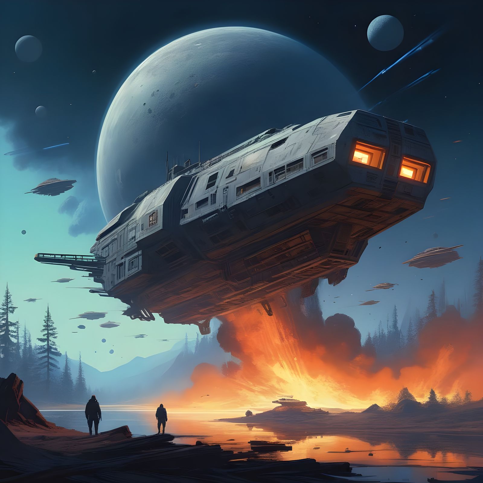 Galactic Warfare: Cosmic Starships Engage in a High-Contrast...