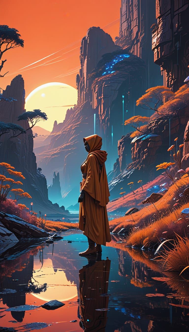 Serene Space Monk in a Futuristic Valley
