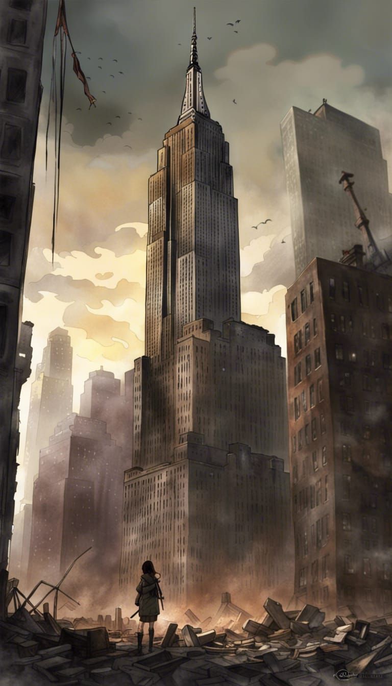 Post-Apocalyptic Empire State Building in Anime Style