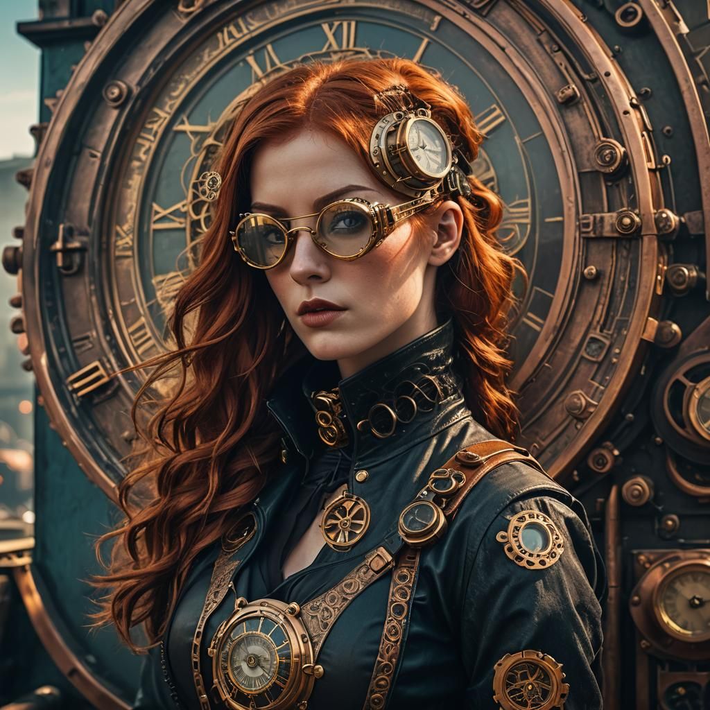Steampunk Girl Portrait in Cyberpunk Cityscape