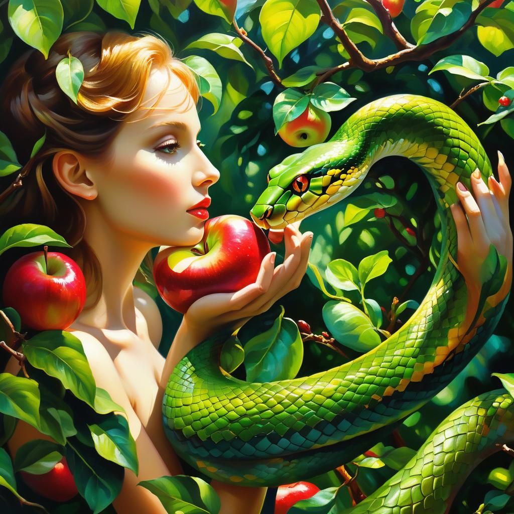 A snake is presenting an apple to Eve