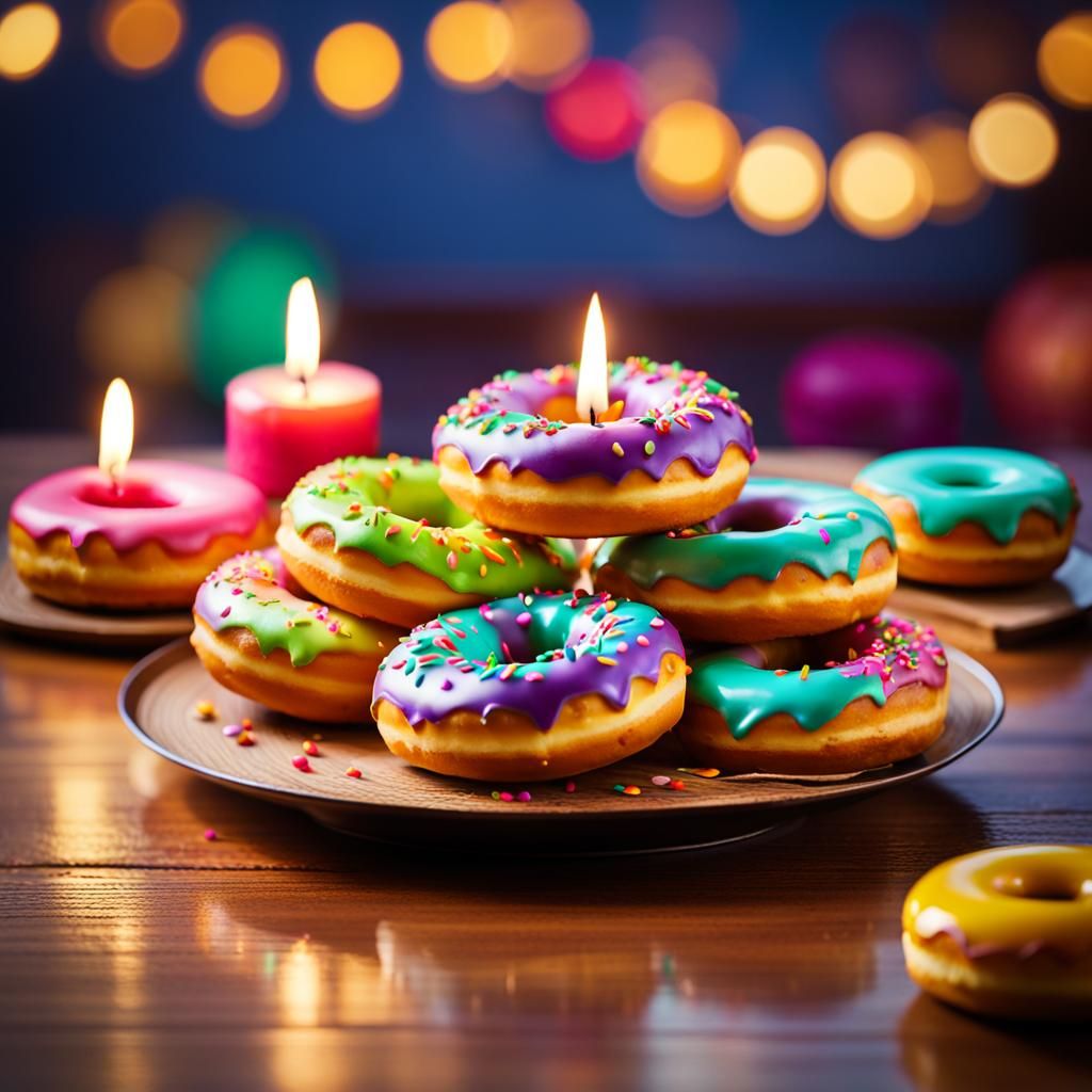 Diya Lamp Surrounded by Colorful Doughnuts