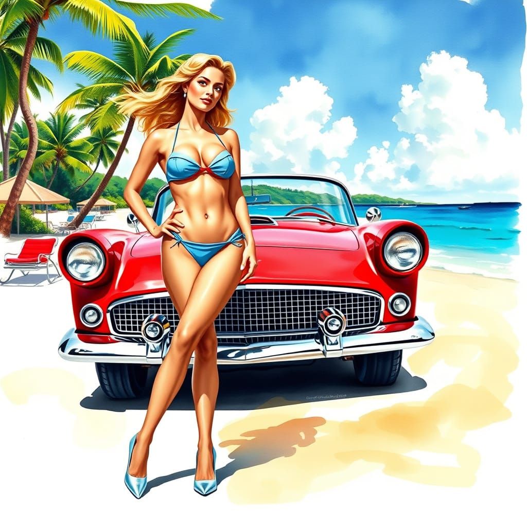 Blonde Woman in Blue Bikini with Thunderbird, Watercolor Sty...