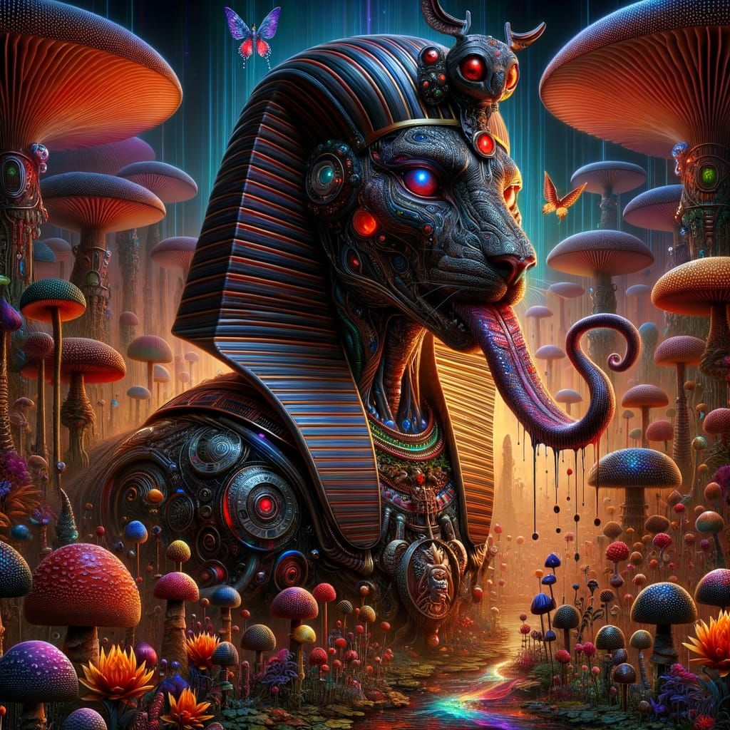 Metallic Sphinx-Elk Hybrid in Mystical Landscape