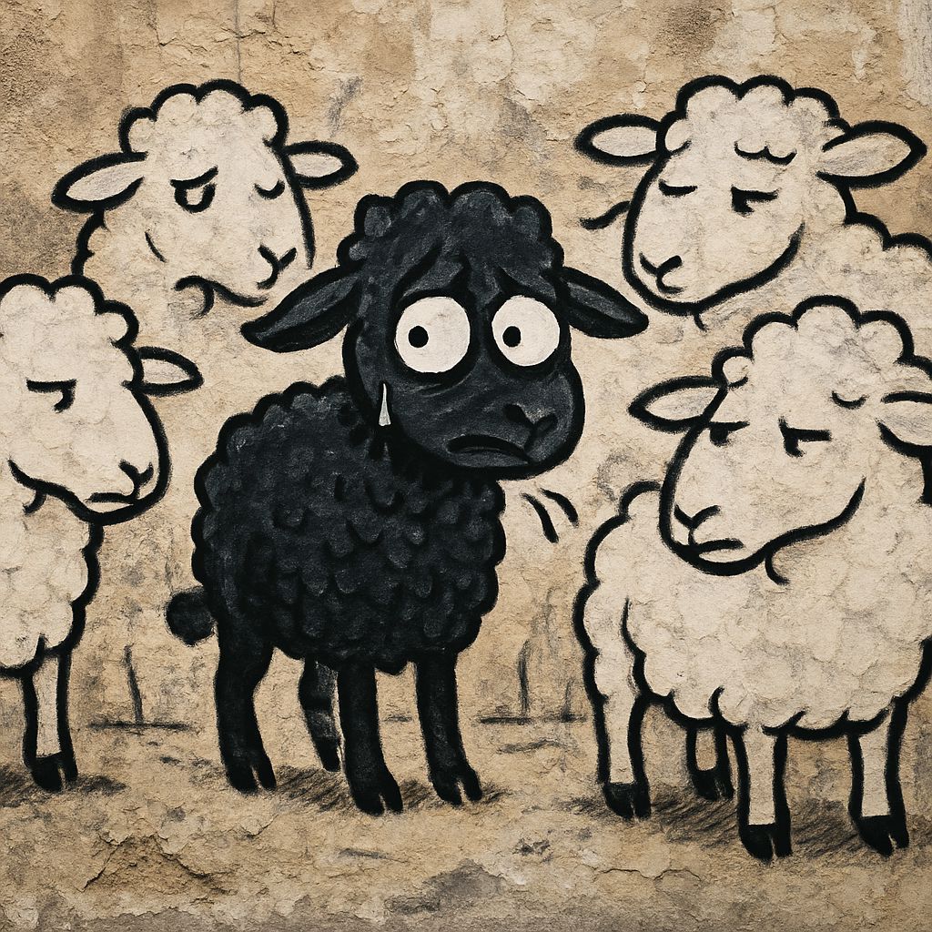 Surreal Graffiti: Nervous Black Lamb in White Sheep Flock