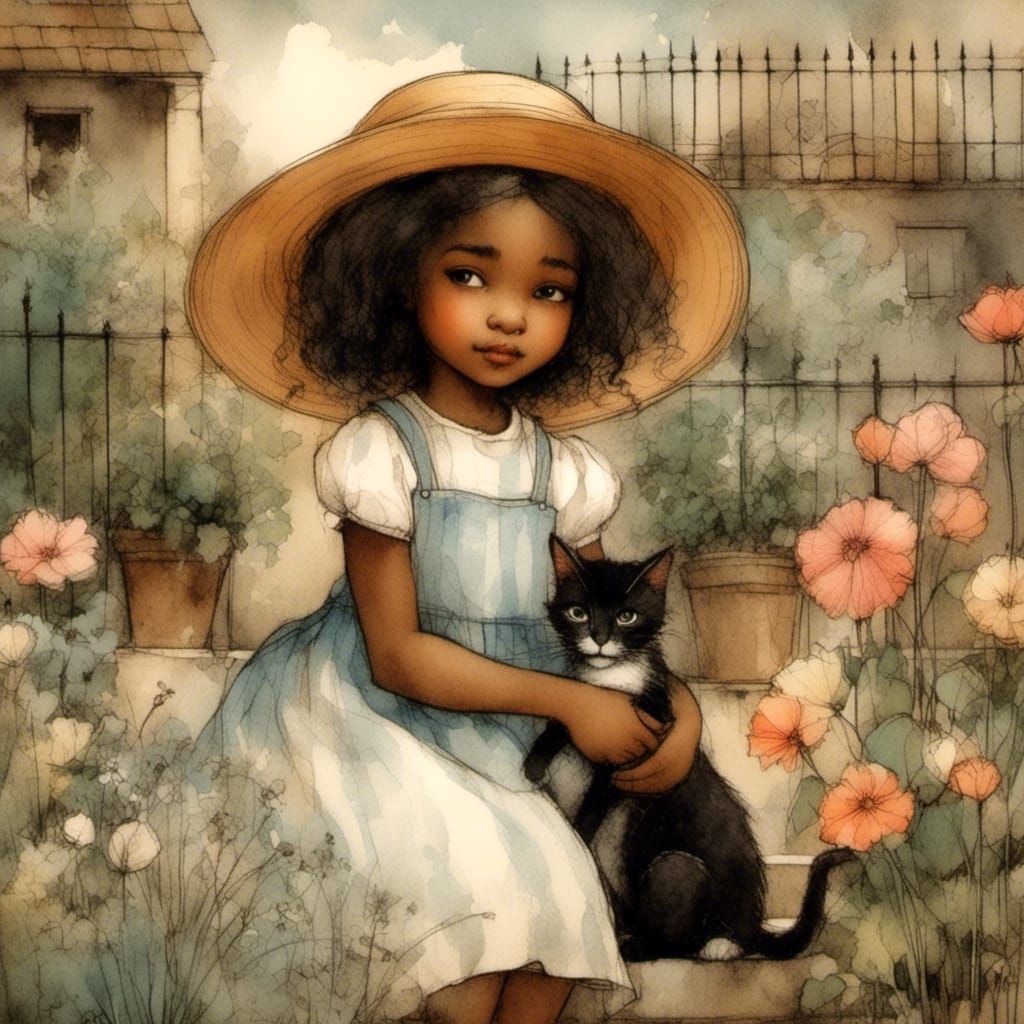 Girl and Cat in Garden, Vintage Illustration Style