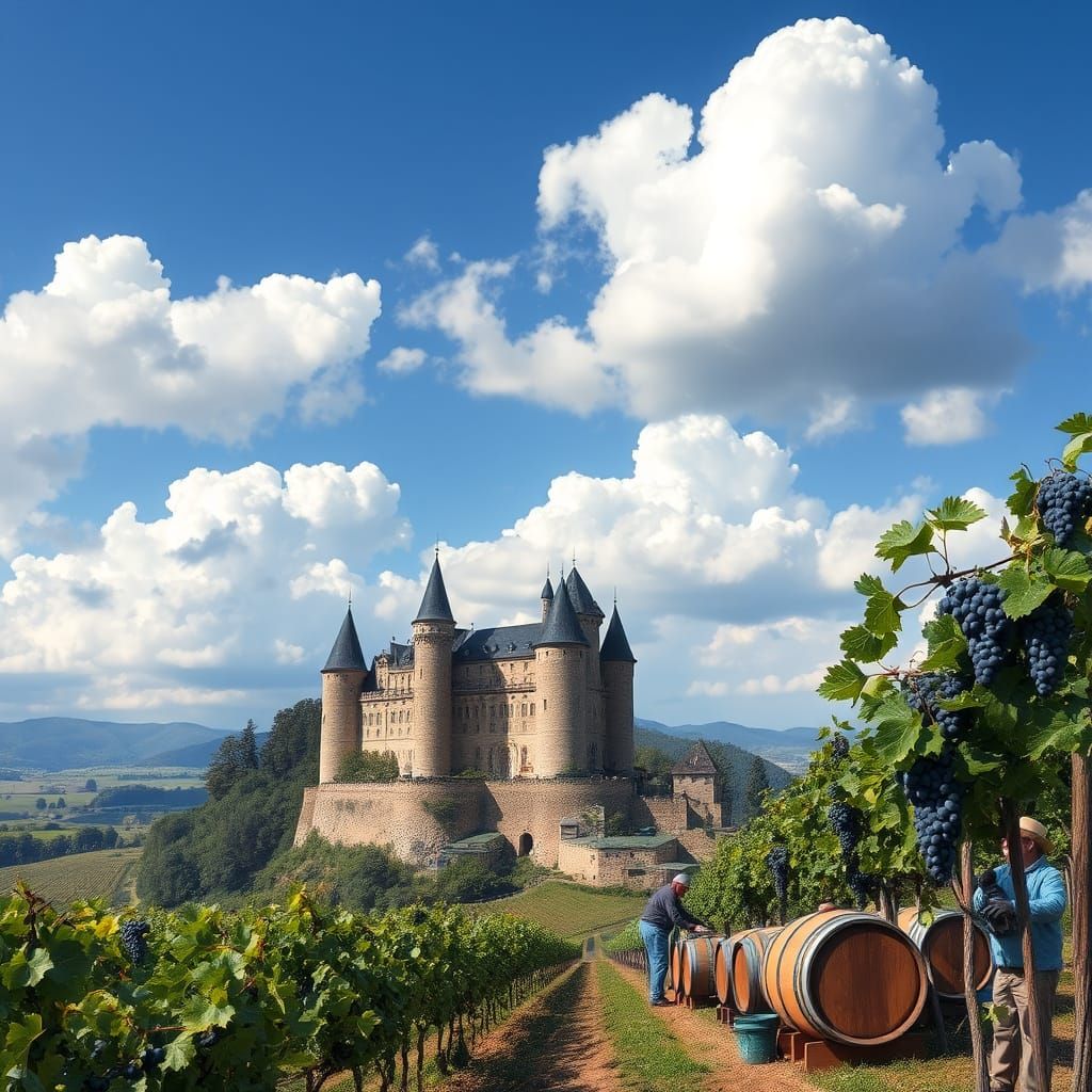Vineyard Scene with Castle and Farmers at Work in Realistic ...