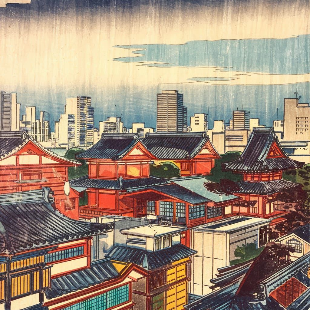 Tokyo Old Town Aerial View in Ukiyo-e Style