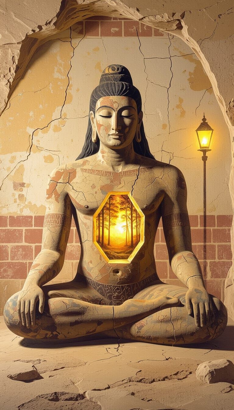 Ancient Cave Painting of Meditative Figure with Ethereal For...