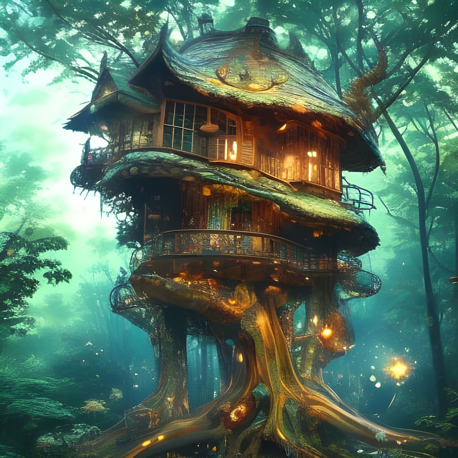Magic Treehouse Made of Stars and Fireflies
