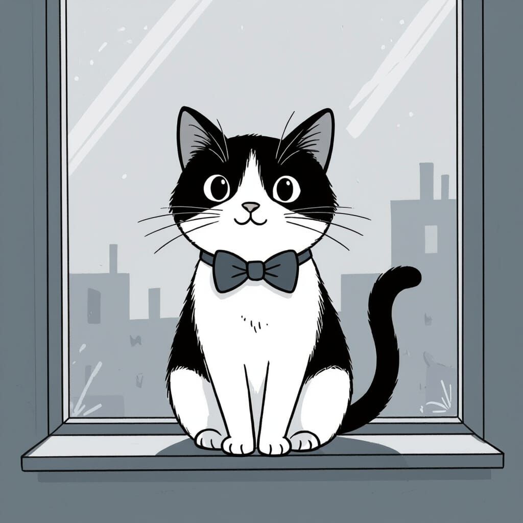 Adorable Cat in Bow Tie on Windowsill - Line Art