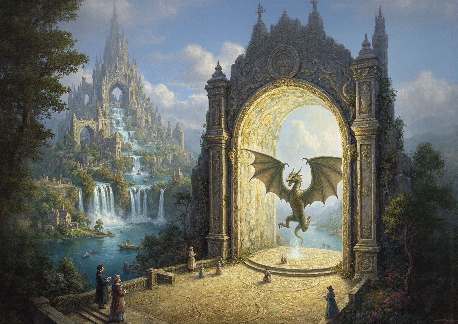 Magical Stone Portal with Dragon, Fantasy Kingdom Art