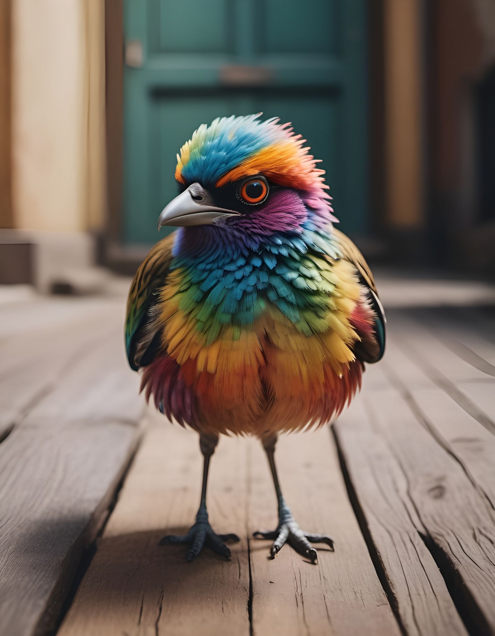 Detailed Bird Portrait with Rainbow Reflection