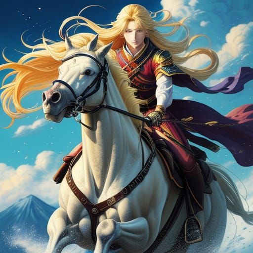 Beautiful Blonde Woman Riding Horse in Anime Style