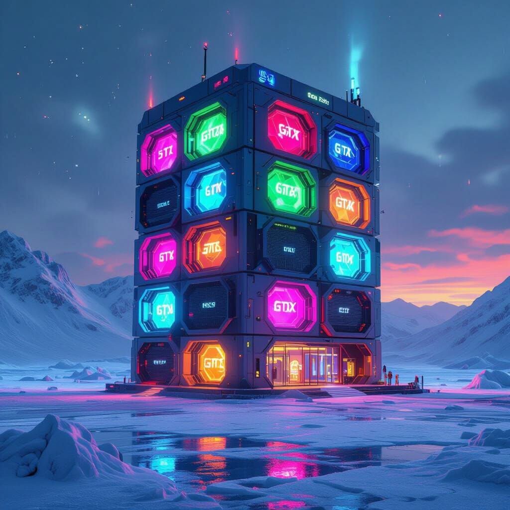 Cyberpunk Gaming PC Building on Frozen Landscape