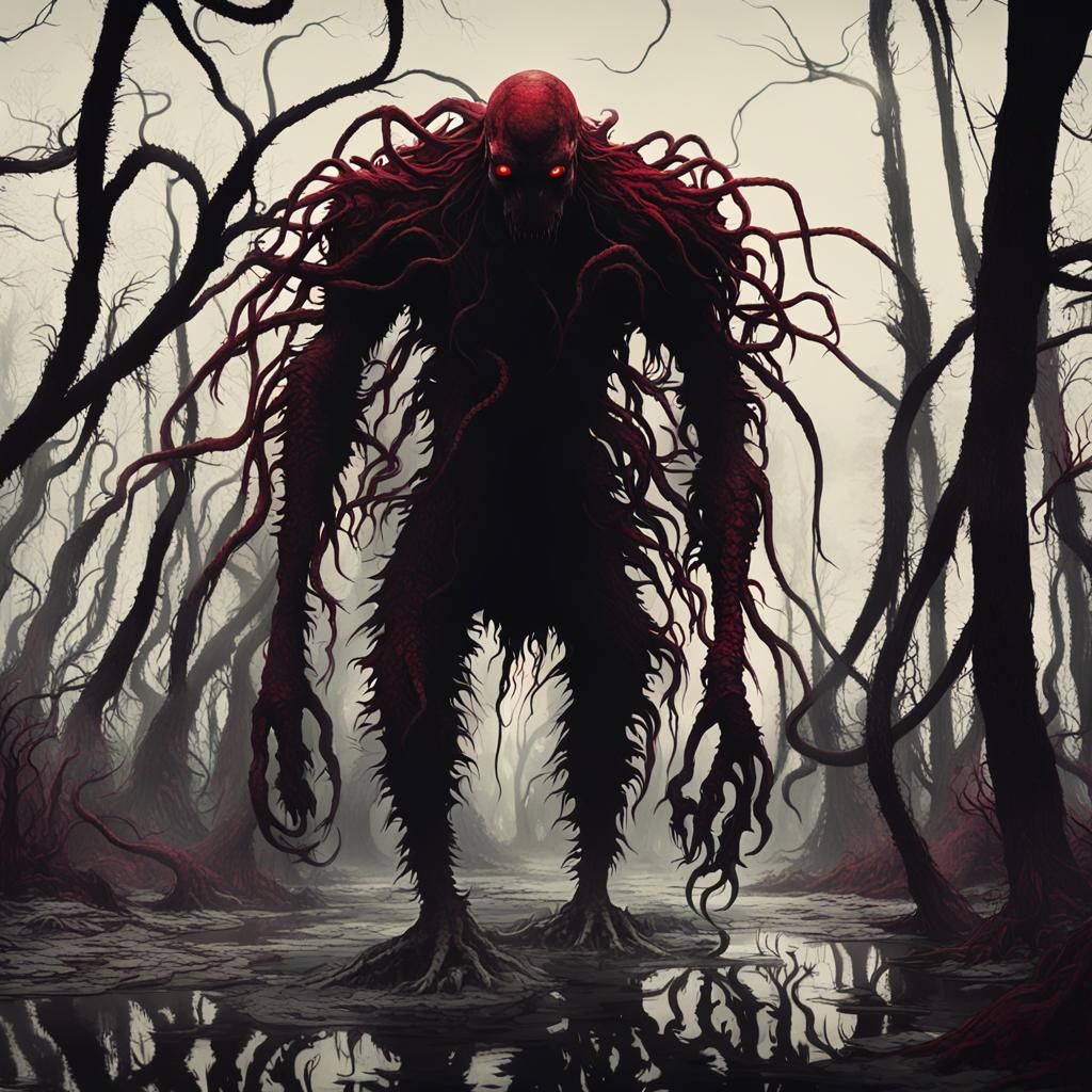 Dark Red Eldritch Horror in a Mysterious Swamp