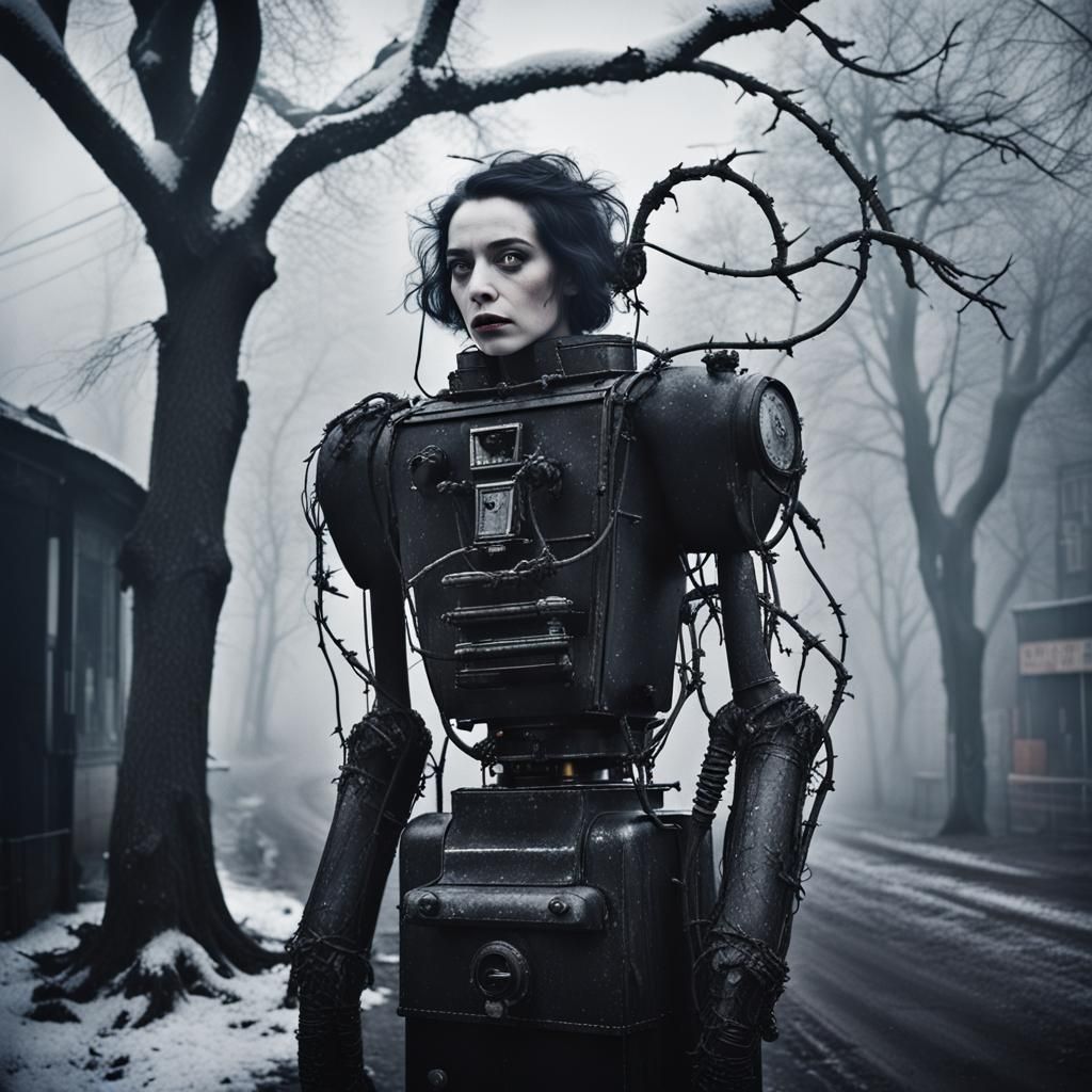 Goth Model and Coffee Robot in Winter Fog
