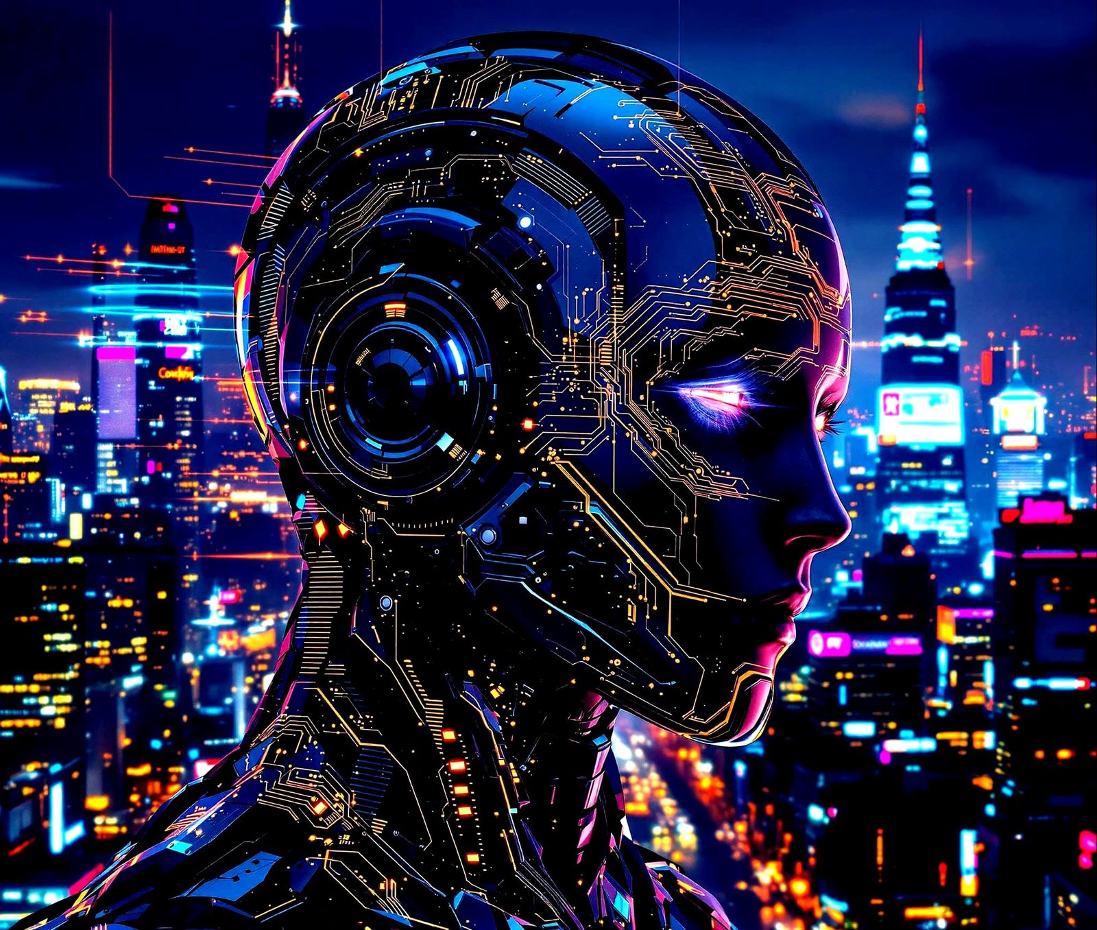 Androids Amidst Neon Cityscapes in Hyperdetailed Photorealis...