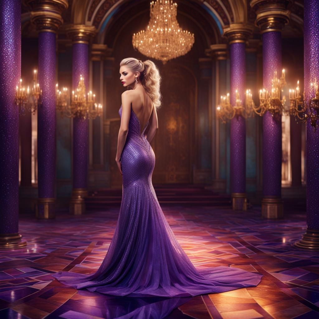 Watercolor Blonde Lady in Purple Evening Dress