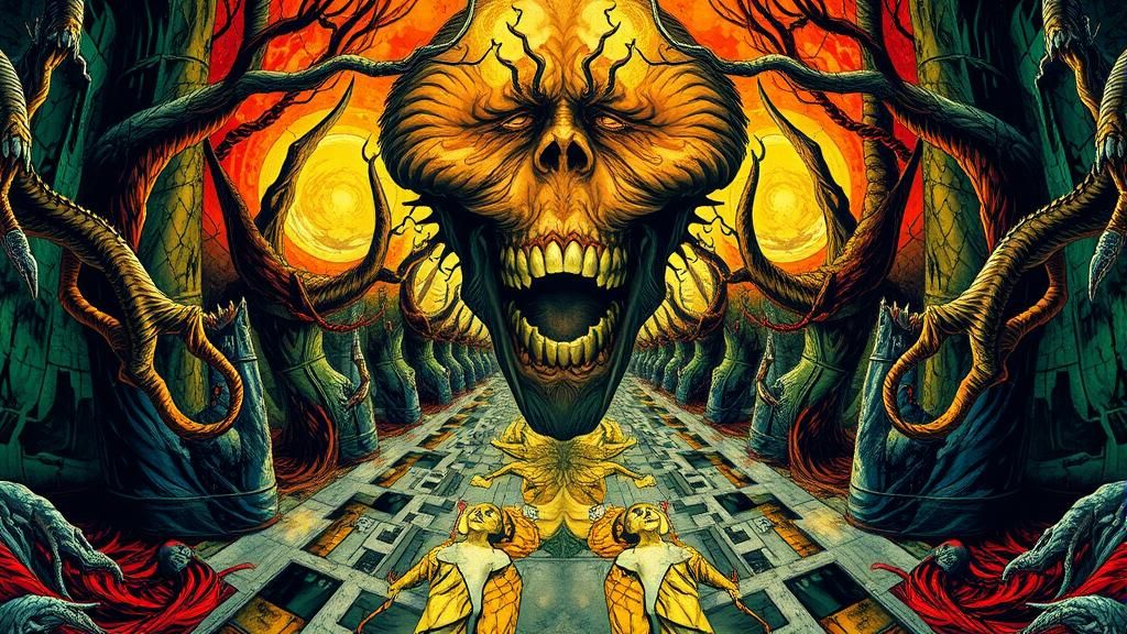 Demonic Portrait in Surreal Symmetrical Horror Landscape