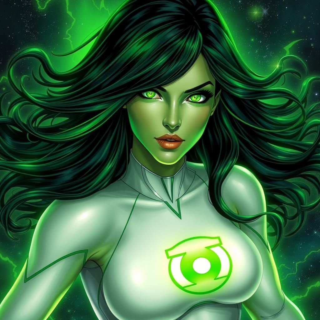 Vibrant Green Goddess in Cosmic Flight