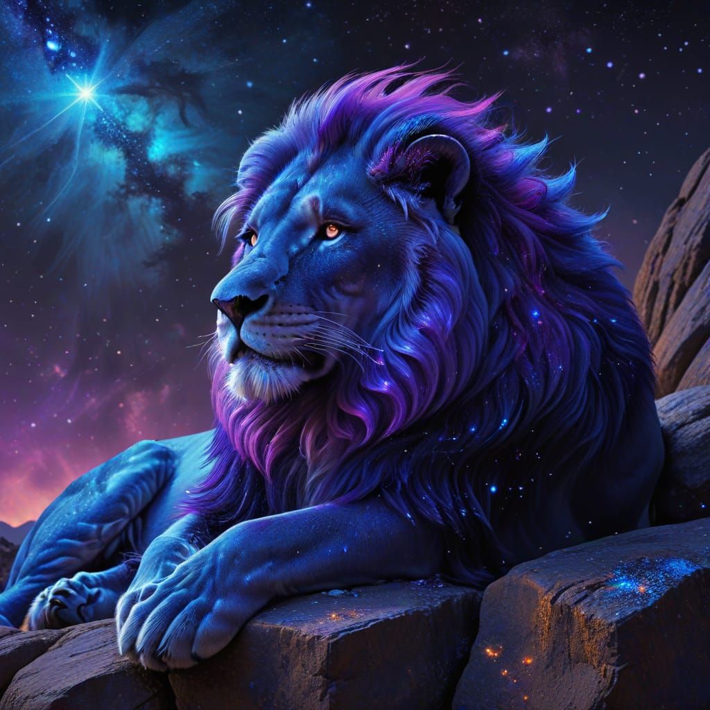 Lion with Galaxy Mane in Cosmic Digital Art Style